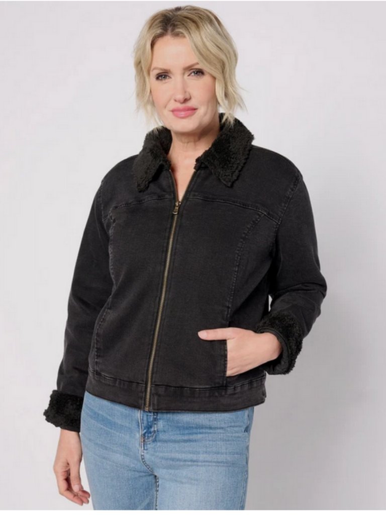 Isaac Mizrahi Women's Denim Jacket W/Faux Shearling In Black New